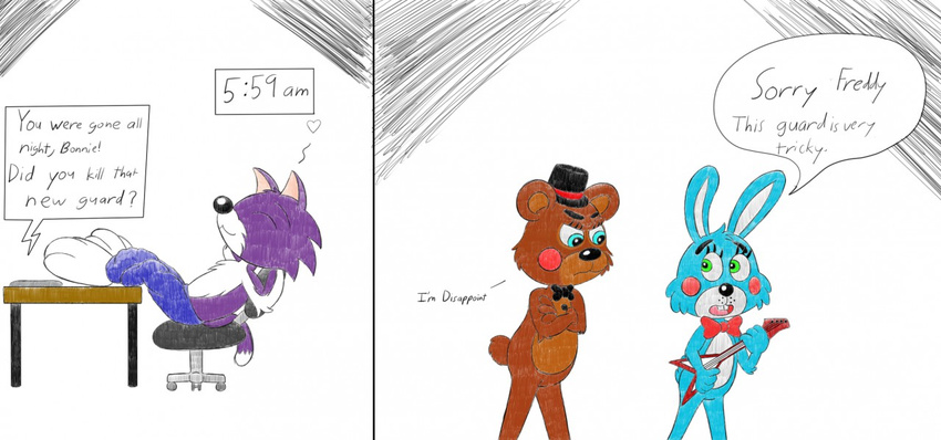 animatronic blue_fur cat clothing cpctail electric_guitar feline five_nights_at_freddy's five_nights_at_freddy's_2 fur guitar hat lagomorph machine mammal musical_instrument pants purple_fur rabbit robot speech_bubble toy_bonnie_(fnaf) toy_freddy_(fnaf) video_games