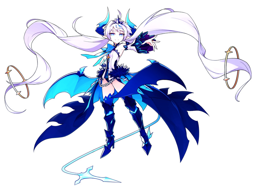 absurdly_long_hair absurdres bat_wings blue_bow blue_eyes blue_footwear blue_wings boots bow braid chain crown detached_sleeves elsword french_braid full_body greaves grin highres horns hwansang leotard long_hair luciela_r._sourcream noblesse_(elsword) official_art pointy_ears smile solo symbol-shaped_pupils tail thigh_boots thighhighs transparent_background twintails very_long_hair white_hair wings