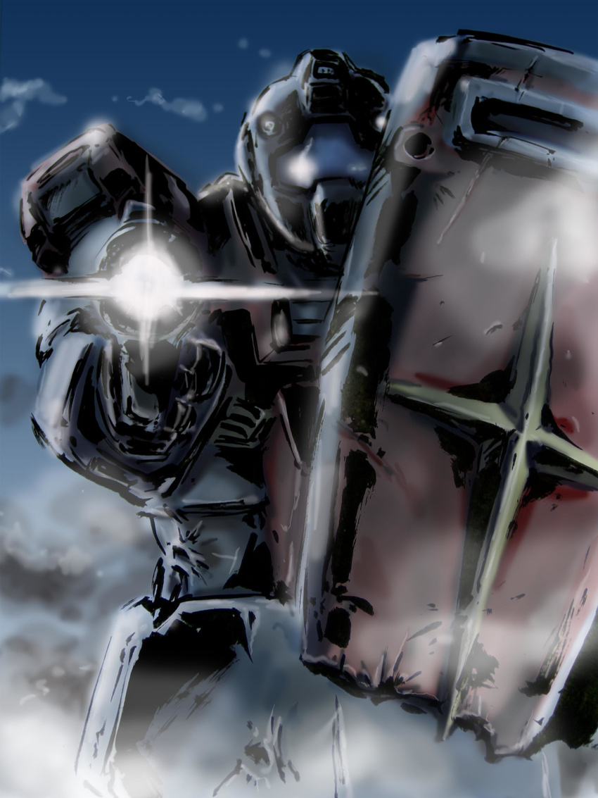 aiming_at_viewer gm_(mobile_suit) gun gundam highres mecha mobile_suit_gundam shield stufquin weapon