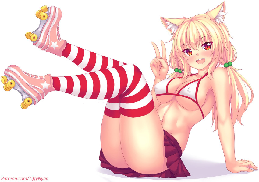 1girl animal_ear_fluff animal_ears arm_support bangs bikini_top blonde_hair blush breasts cat_ears eyebrows_visible_through_hair fang fast-runner-2024 hair_between_eyes hair_bobbles hair_ornament highres large_breasts long_hair looking_at_viewer navel open_mouth original patreon_username pleated_skirt red_eyes red_skirt roller_skates sitting skates skirt slit_pupils solo striped striped_legwear thighhighs tiffy v watermark web_address white_background white_bikini_top