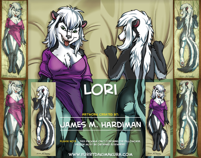 2015 advertisement anthro bed_sheet butt claws clothed clothing dakimakura_design distracting_watermark english_text female green_eyes grey_nose hair james_m_hardiman looking_at_viewer lori lying mammal on_back pussy shirt skunk solo teeth text tongue watermark white_hair