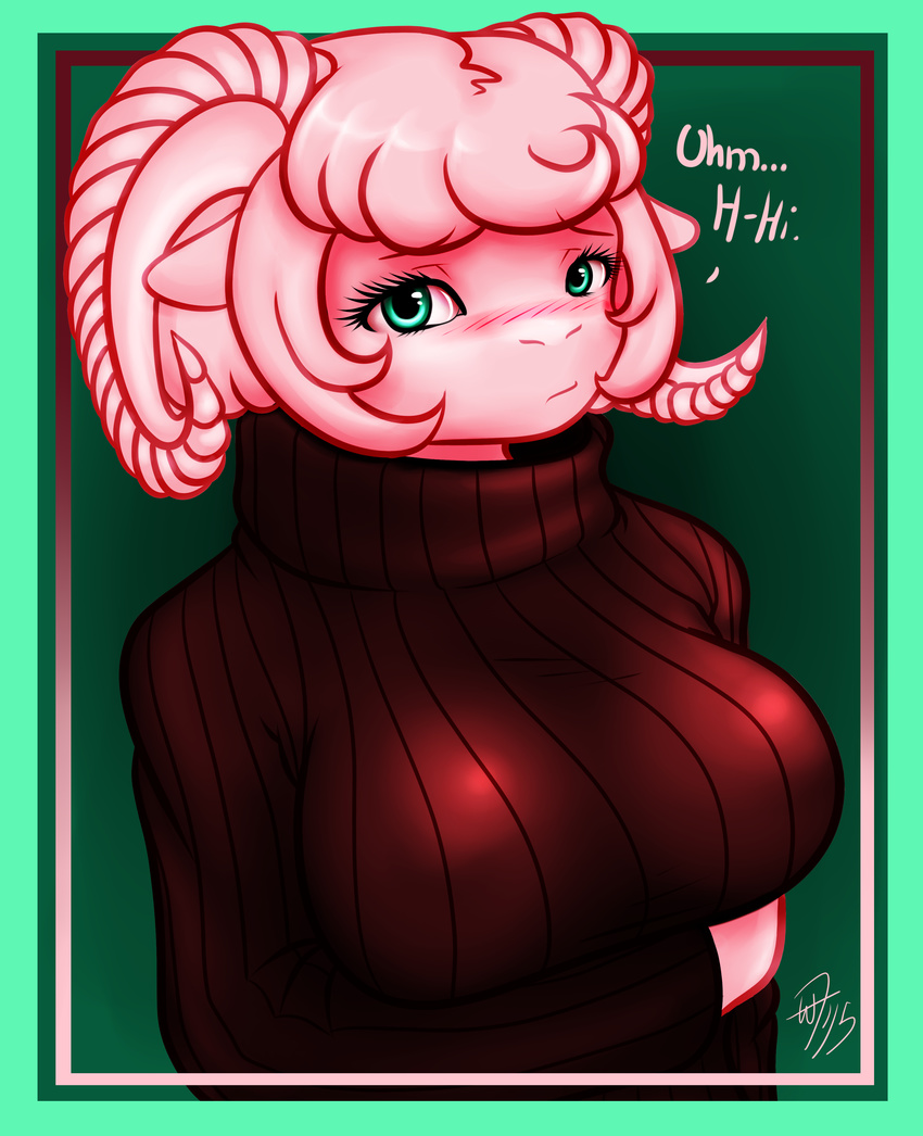 ambiguous_background big_breasts breasts bust_(disambiguation) caprine clothing horn huge_breasts mammal ram's_horns rearhwhitetail sheep sweater turtleneck whitetail