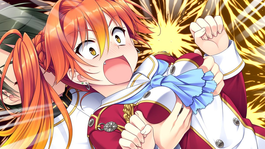 1girl akahito_tamao braid breast_grab dutch_angle earrings flustered game_cg grabbing hair_intakes hello_lady imageboard_sample jewelry jpeg_artifacts multicolored_hair narita_shinri open_mouth ponytail saeki_hokuto solo_focus yellow_eyes