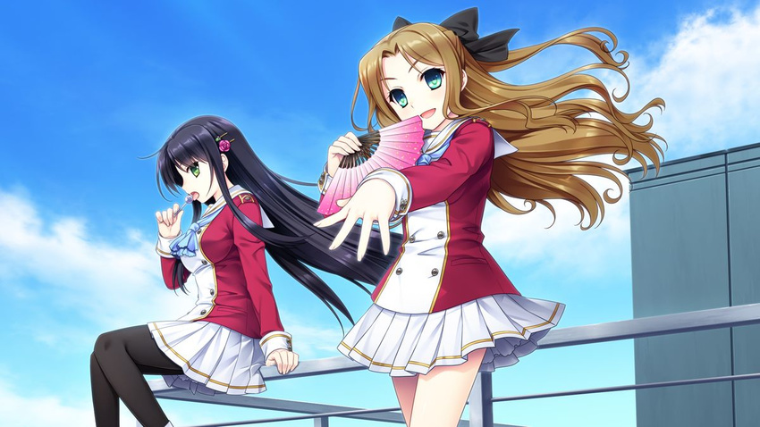 bangs black_hair brown_hair candy cloud cloudy_sky day food game_cg green_eyes hair_ribbon hello_lady imageboard_sample jpeg_artifacts kabutoyama_mitori lollipop long_hair looking_at_viewer multiple_girls otonashi_saku pantyhose parted_bangs ribbon saeki_hokuto skirt sky smile wind wind_lift