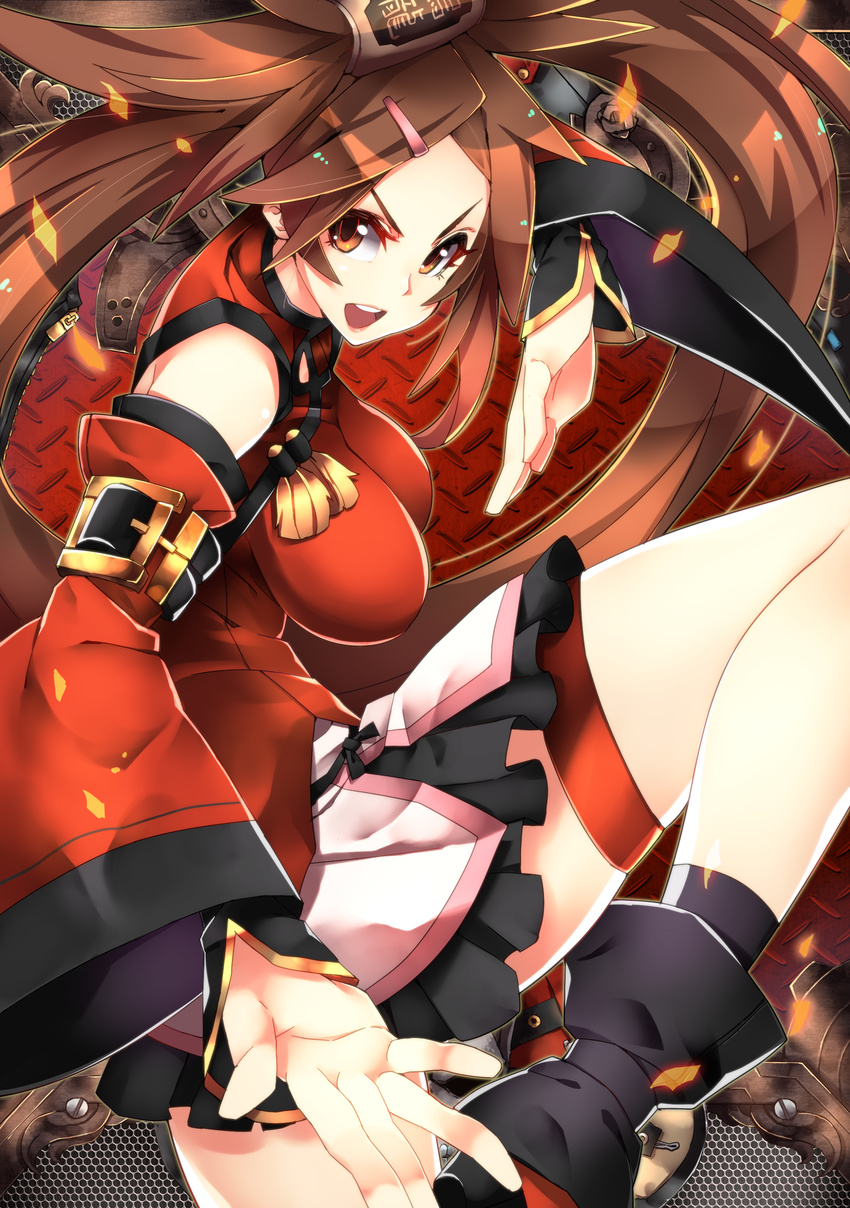 absurdres breasts brown_eyes brown_hair china_dress chinese_clothes detached_sleeves dress fighting_stance garters guilty_gear guilty_gear_xrd hair_ornament hair_tubes hairclip highres impossible_clothes impossible_dress kuradoberi_jam large_breasts lips long_hair makai open_mouth skirt solo standing standing_on_one_leg very_long_hair wide_sleeves