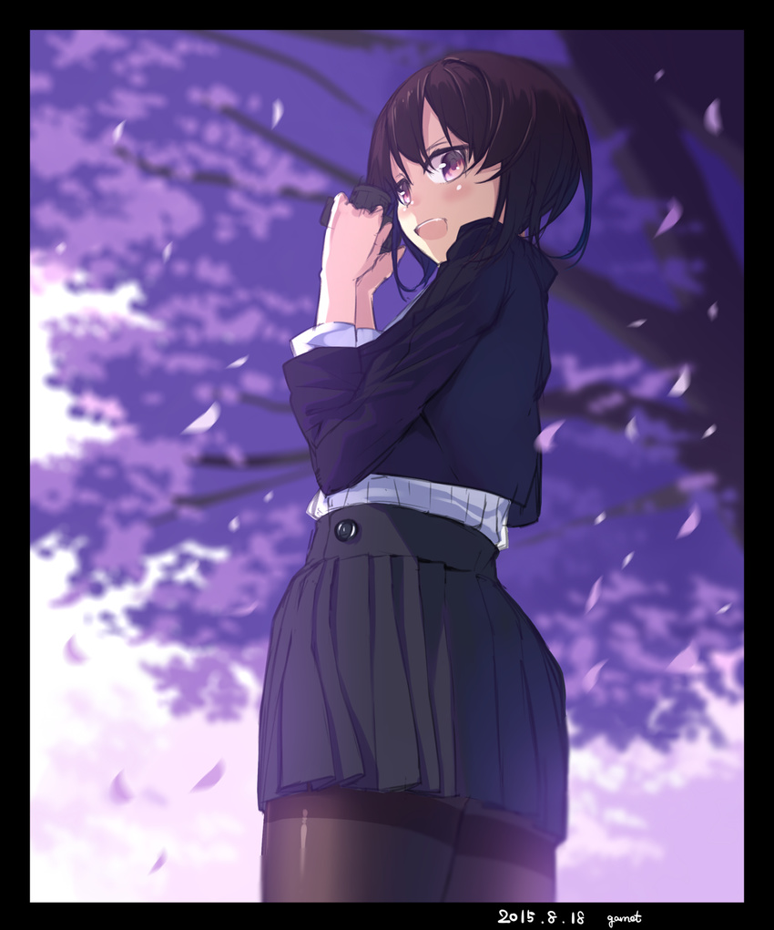 artist_name bad_id bad_pixiv_id black_legwear blush brown_hair camera cherry_blossoms dated garnet highres letterboxed looking_at_viewer looking_back open_mouth original pantyhose petals pleated_skirt red_eyes school_uniform sketch skirt solo thighband_pantyhose tree