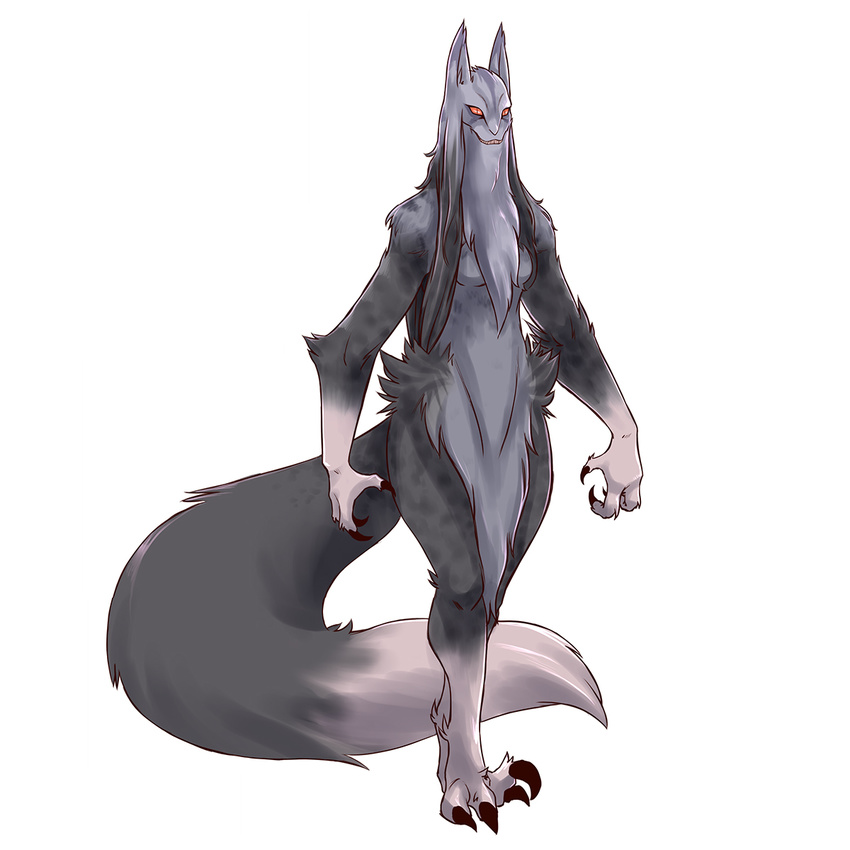 anthro big_tail breasts canine claws female fluffy fur grey_fur hair long_hair mammal plagueofgripes red_eyes sharp_teeth solo teeth video_games wolf