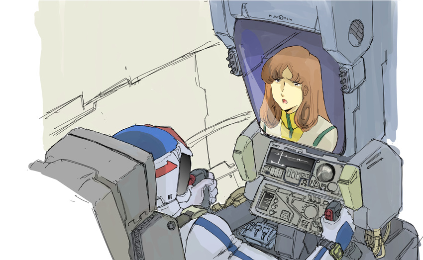 1girl 80s buttons cable choujikuu_yousai_macross cockpit control_stick gloves hayase_misa helmet ichijou_hikaru macross mecha military military_uniform oldschool pilot pilot_suit redesign science_fiction screen sketch spacesuit switch u.n._spacy uniform vf-1