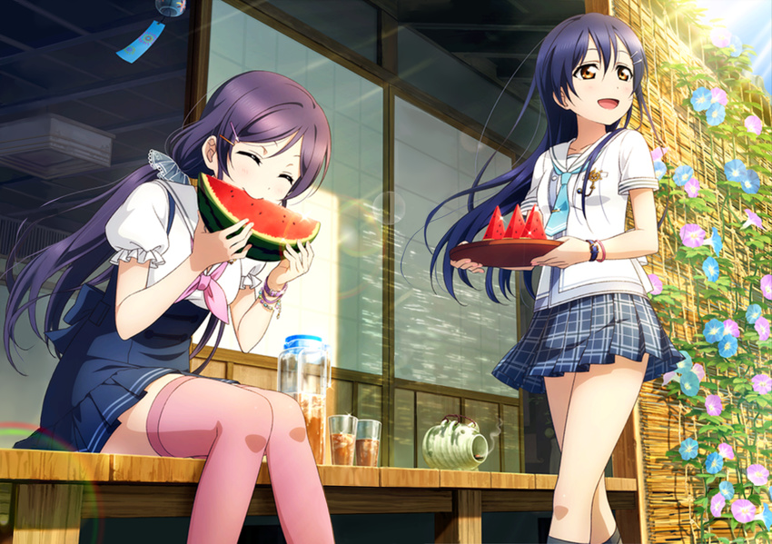 blue_neckwear blue_skirt bow bracelet closed_eyes drink eating flower food fruit hair_ornament hairclip highres incense jewelry kayari_buta long_hair love_live! love_live!_school_idol_project morning_glory multiple_girls neckerchief necktie omamori open_mouth over-kneehighs pink_legwear plaid plaid_skirt pleated_skirt puffy_short_sleeves puffy_sleeves purple_hair rainbow sailor_collar shirt short_sleeves shouji sitting skirt sliding_doors smile smoke sonoda_umi sparkle sunlight tea thighhighs toujou_nozomi watermelon white_shirt wind_chime yellow_eyes