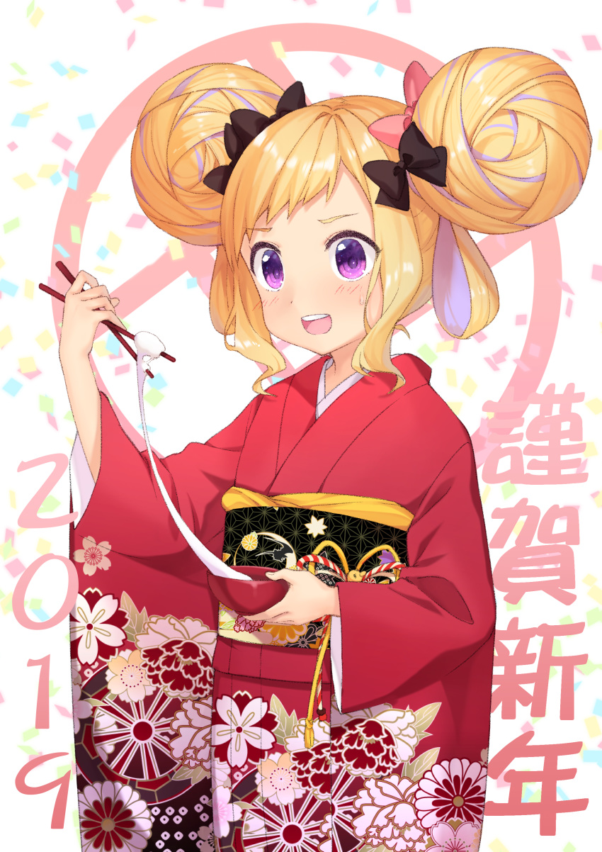 1girl 2019 :d absurdres bangs blonde_hair blush bow bowl braid brown_bow chopsticks commentary_request confetti double_bun elise_(fire_emblem_if) fire_emblem fire_emblem_if floral_print hair_bow highres holding holding_bowl holding_chopsticks japanese_clothes kimono long_sleeves looking_away mochi nintendo obi open_mouth pink_bow print_kimono purple_eyes red_kimono round_teeth sash side_braid sidelocks smile solo teeth transistor upper_teeth white_background wide_sleeves