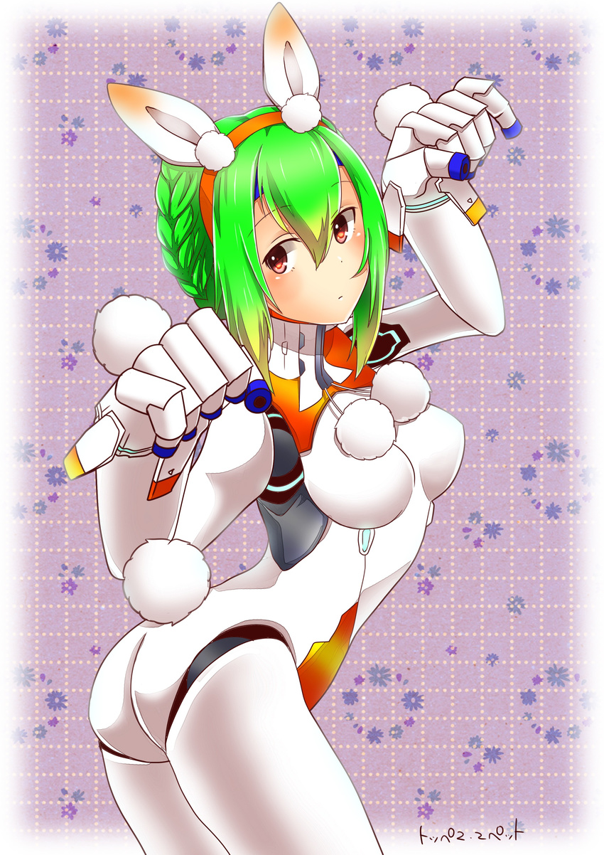 absurdres android animal_ears ass braid breasts bunny_ears bunny_tail french_braid green_hair gunslinger_stratos highres kemonomimi_mode medium_breasts paw_pose red_eyes robot_joints short_hair solo tail toppema_mapetto xi-988