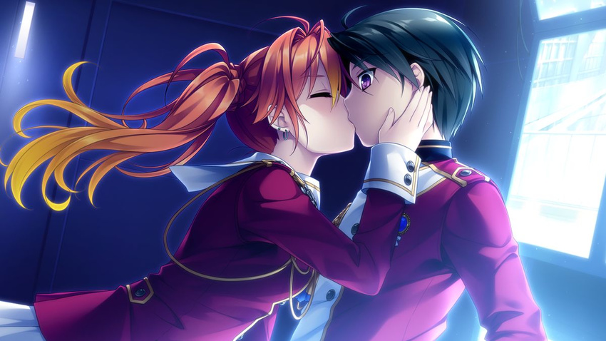 1girl akahito_tamao bangs braid closed_eyes earrings from_side game_cg hair_intakes hello_lady hetero imageboard_sample jewelry jpeg_artifacts kiss multicolored_hair narita_shinri ponytail saeki_hokuto