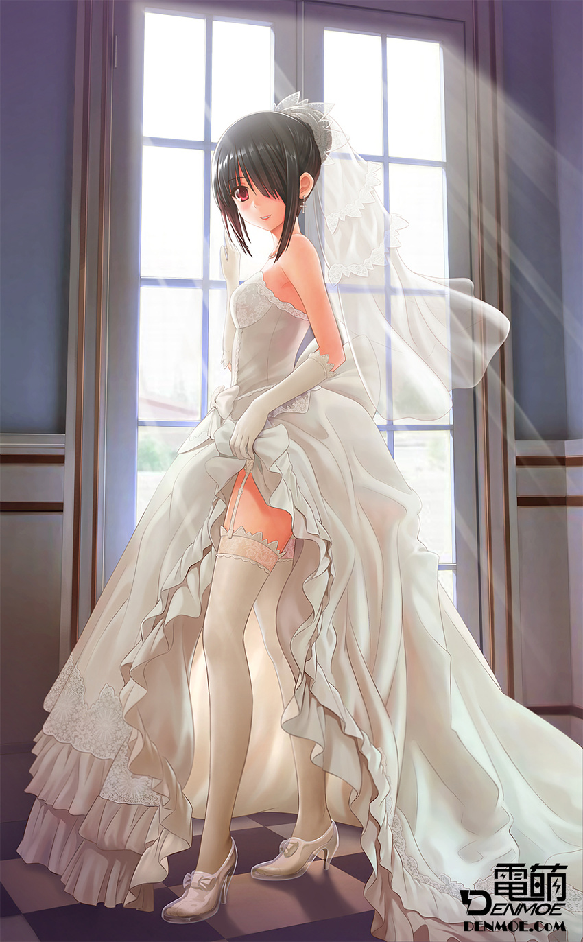 absurdres bare_shoulders black_hair bridal_veil checkered checkered_floor clock_eyes cross date_a_live dress dress_lift earrings elbow_gloves garter_straps glass_slipper gloves hair_bun hair_over_one_eye high_heels highres jewelry lace lace-trimmed_thighhighs legs long_hair long_legs looking_at_viewer misakamitoko0903 necklace red_eyes resized shoes smile solo symbol-shaped_pupils thighhighs tokisaki_kurumi upscaled veil waifu2x wedding_dress white_legwear window