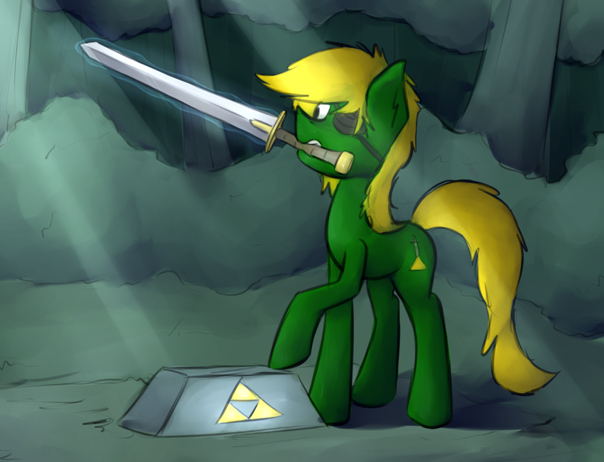 forest jair-trifire male marsminer melee_weapon my_little_pony solo sword tree weapon