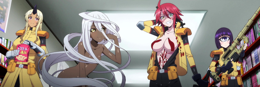 absurdres ahoge black_sclera blonde_hair blood blue_eyes breasts bullet_hole cookie cyclops dark_skin doppel_(monster_musume) doppelganger dual_wielding elbow_pads fingerless_gloves food gauntlets gloves green_eyes grin gun hair_censor heterochromia highres holding horn jacket long_hair manako monster_musume_no_iru_nichijou multiple_girls nude one-eyed oni open_clothes open_jacket purple_eyes purple_hair red_hair rifle screencap shoulder_pads smile sniper_rifle stitched stitches submachine_gun third-party_edit tionishia trigger_discipline uniform very_long_hair weapon white_hair yellow_eyes zombie zombina