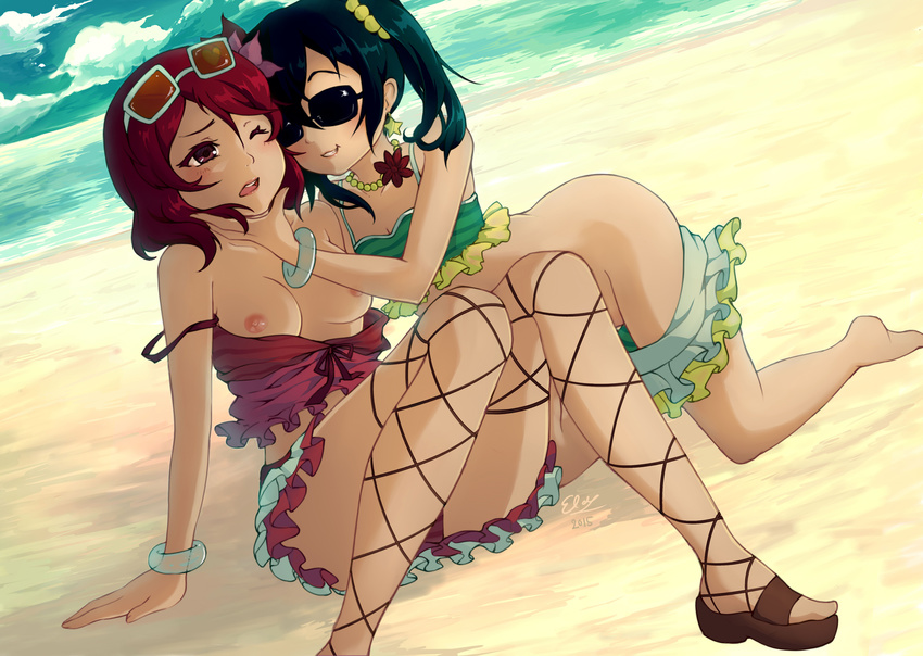 2girls bare_legs bare_shoulders beach black_hair blush breasts day eyewear_on_head highres love_live! love_live!_school_idol_festival love_live!_school_idol_project medium_breasts multiple_girls natsuiro_egao_de_1_2_jump! nipples nishikino_maki open_mouth purple_eyes red_hair short_hair skirt small_breasts sunglasses swimsuit twintails yazawa_nico yuri