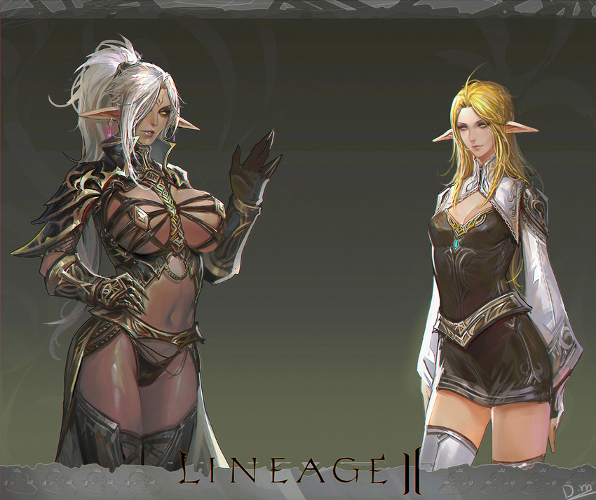 armor bikini_armor blonde_hair breasts dark_elf dark_elf_(lineage_2) dark_skin earrings elf elf_(lineage_2) huge_breasts jewelry lineage lineage_2 long_hair multiple_girls navel pointy_ears ponytail smjim1986 thighhighs white_hair yellow_eyes zettai_ryouiki