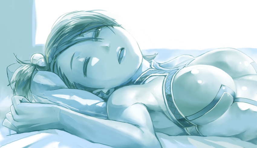 bare_shoulders blue breasts futami_ami hair_bobbles hair_ornament idolmaster idolmaster_(classic) kousaku looking_at_viewer lying medium_breasts monochrome on_back on_bed one_eye_closed open_mouth parted_lips pillow side_ponytail sleeveless solo waking_up