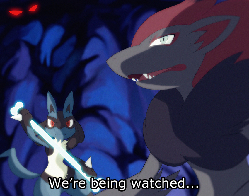 blue_eyes lucario nintendo pok&eacute;mon red_eyes segamastergirl video_games zoroark