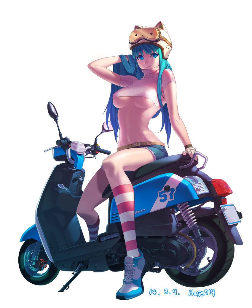 absurdres animal_helmet aqua_eyes aqua_hair arm_up artist_name belt breasts copyright_request crop_top cutoffs dated fingerless_gloves full_body gloves goggles goggles_on_head ground_vehicle haje highres kneehighs large_breasts long_hair looking_at_viewer midriff motor_vehicle navel ribbed_shirt scooter shirt short_shorts shorts sidelocks simple_background smile solo striped striped_legwear turtleneck underboob white_background white_gloves