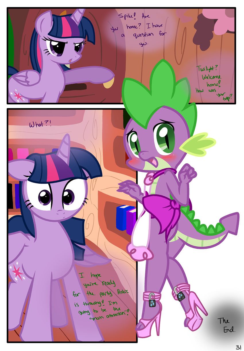 absurd_res ambiguous_gender anthro apron blush book bow butt comic cutie_mark door dragon english_text equine feral friendship_is_magic fur green_eyes hair hi_res high_heels horn inside lock mammal multicolored_hair my_little_pony open_mouth purple_eyes purple_fur purple_scales pyruvate scalie slit_pupils spike_(mlp) spines text twilight_sparkle_(mlp) winged_unicorn wings