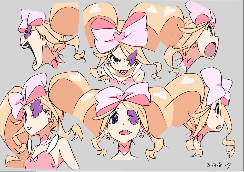 angry big_hair blonde_hair bow earrings expressions eyepatch hair_bow harime_nui jewelry kill_la_kill long_hair official_art open_mouth pink_bow shouting sushio twintails