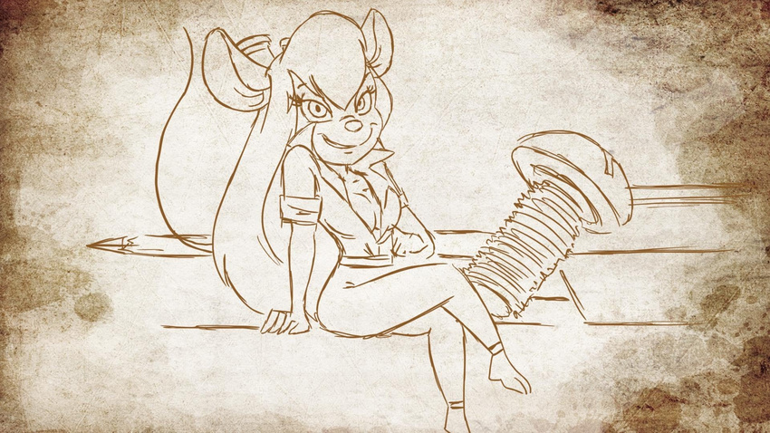 anthro barefoot breasts chip_'n_dale_rescue_rangers cleavage clothed clothing coveralls crossed_legs disney female gadget_hackwrench hair looking_at_viewer mammal monochrome mouse plagueofgripes rodent screw smile solo undressing