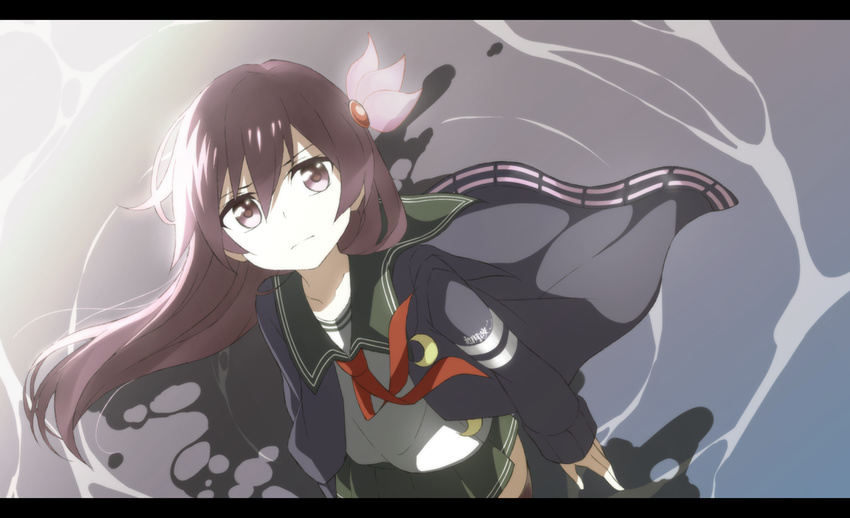 bad_id bad_pixiv_id bangs brown_hair clothes_writing collarbone crescent floating_hair from_above frown green_skirt hair_between_eyes hair_ornament jacket kantai_collection kisaragi_(kantai_collection) letterboxed long_hair long_sleeves looking_up miniskirt open_clothes open_jacket pleated_skirt purple_eyes remodel_(kantai_collection) revision school_uniform serafuku skirt solo souji standing standing_on_liquid water
