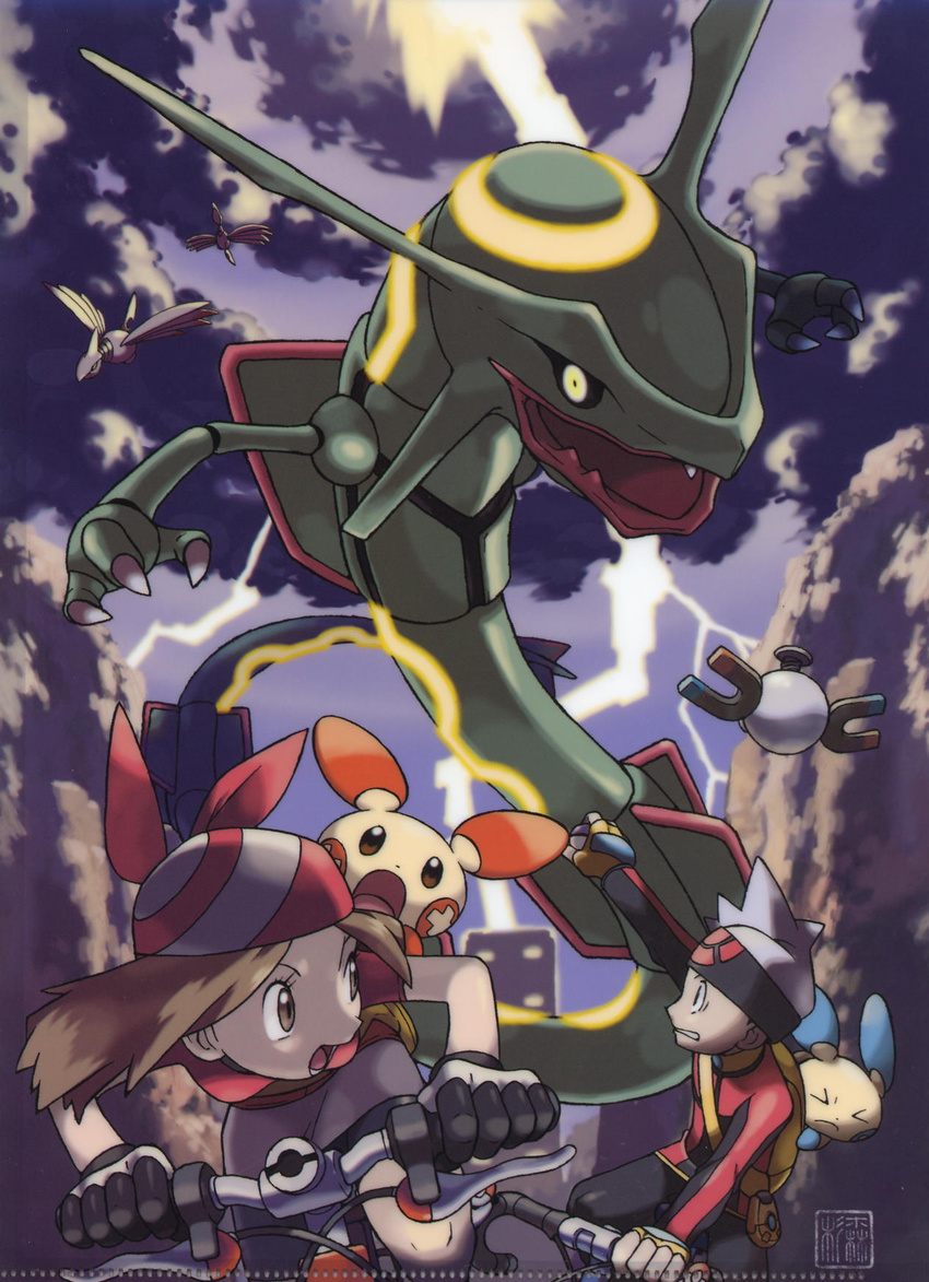 1boy 1girl bicycle bike cloud clouds dragon fangs haruka_(pokemon) magnemite minun monster nintendo official_art plusle pokemon rayquaza skarmory sky sugimori_ken