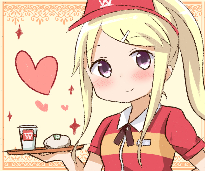 blush cosplay employee_uniform fast_food_uniform hair_ornament hairclip hana_kazari hataraku_maou-sama! heart kin-iro_mosaic kujou_karen long_hair looking_at_viewer ponytail purple_eyes sasaki_chiho sasaki_chiho_(cosplay) seiyuu_connection smile solo tray uniform visor_cap x_hair_ornament