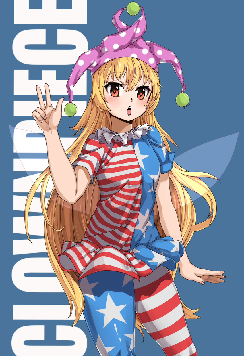 1girl american_flag_dress american_flag_legwear bangs blonde_hair blue_background blush character_name chestnut_mouth clownpiece fairy_wings fingernails fingers flat_chest hat heart heart-shaped_pupils highres jester_cap light long_hair open_mouth pantyhose red_eyes short_sleeves simple_background solo striped striped_legwear symbol-shaped_pupils thighs touhou very_long_hair wings zhayoulu