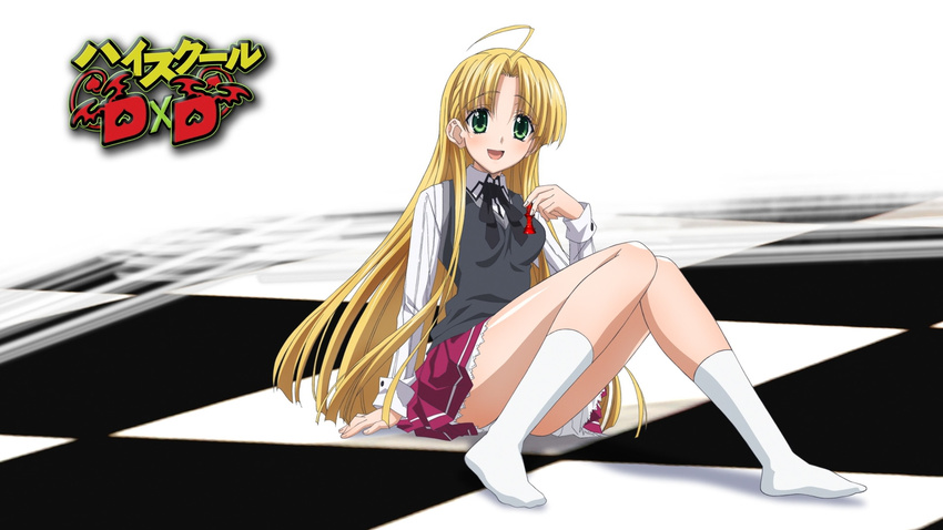 ahoge asia_argento bishop_(chess) blonde_hair checkered checkered_floor chess_piece copyright_name eyecatch green_eyes high_school_dxd highres kuoh_academy_school_uniform long_hair looking_at_viewer official_art open_mouth school_uniform screencap skirt smile socks solo very_long_hair