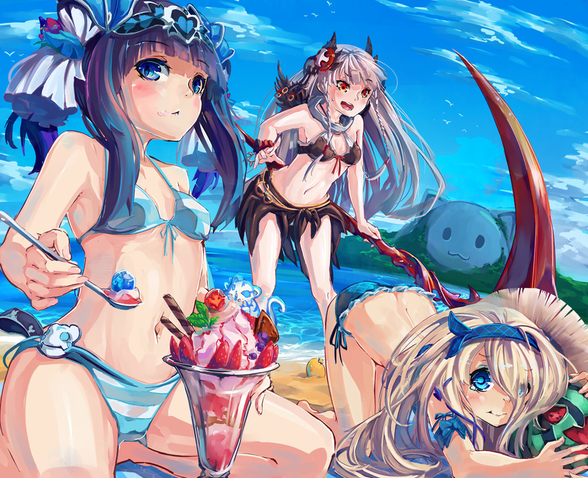 :&lt; beach bikini black_hair blonde_hair blue_eyes dark_valkyrie_(p&amp;d) day double_bun food front-tie_top fruit hairband haku_(p&amp;d) highres kurokitsune_(float0108) long_hair multiple_girls navel pandora_(p&amp;d) parfait puzzle_&amp;_dragons red_eyes scythe side-tie_bikini spoon strawberry swimsuit valkyrie_(p&amp;d) white_hair