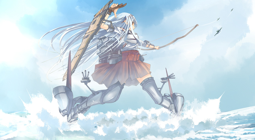 aircraft airplane armor armored_boots asobinikitahito boots bow_(weapon) brown_gloves day flight_deck from_below full_body gloves hairband hakama_skirt highres japanese_clothes kantai_collection long_hair miko motion_blur muneate ocean outdoors partly_fingerless_gloves propeller running shoukaku_(kantai_collection) sky solo splashing surf thigh_boots thighhighs water weapon white_hair zettai_ryouiki