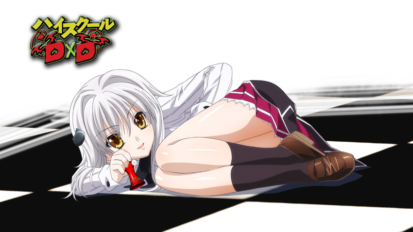 checkered checkered_floor chess_piece copyright_name eyecatch hair_ornament hairclip high_school_dxd highres looking_at_viewer official_art open_mouth rook_(chess) school_uniform screencap short_hair silver_hair skirt smile socks solo toujou_koneko yellow_eyes