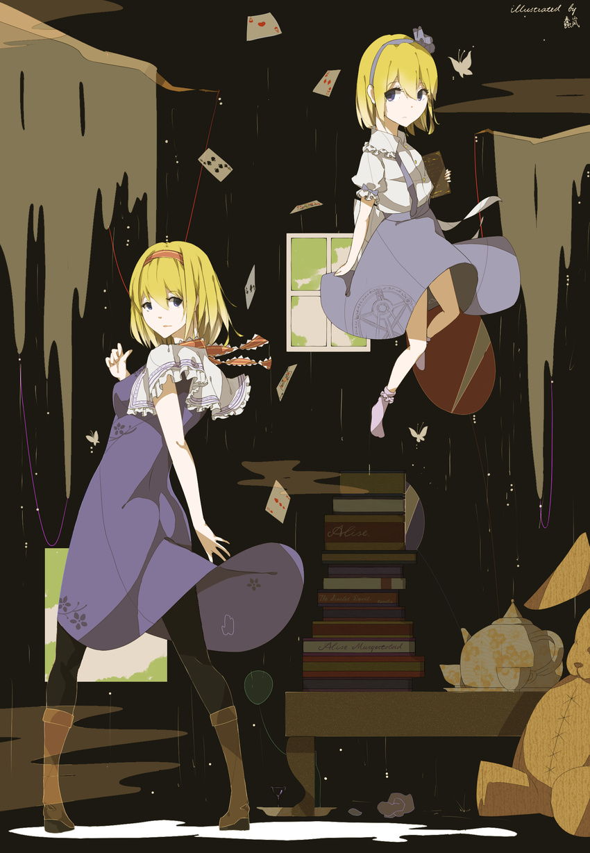 absurdres alice_margatroid alice_margatroid_(pc-98) black_legwear blonde_hair blue_eyes book bug butterfly card chun_lanlanlan cravat cup dress dual_persona engrish frills hairband highres insect looking_at_viewer looking_back multiple_girls pantyhose parted_lips playing_card ranguage red_string short_hair standing string stuffed_animal stuffed_bunny stuffed_toy teacup teapot touhou wind window
