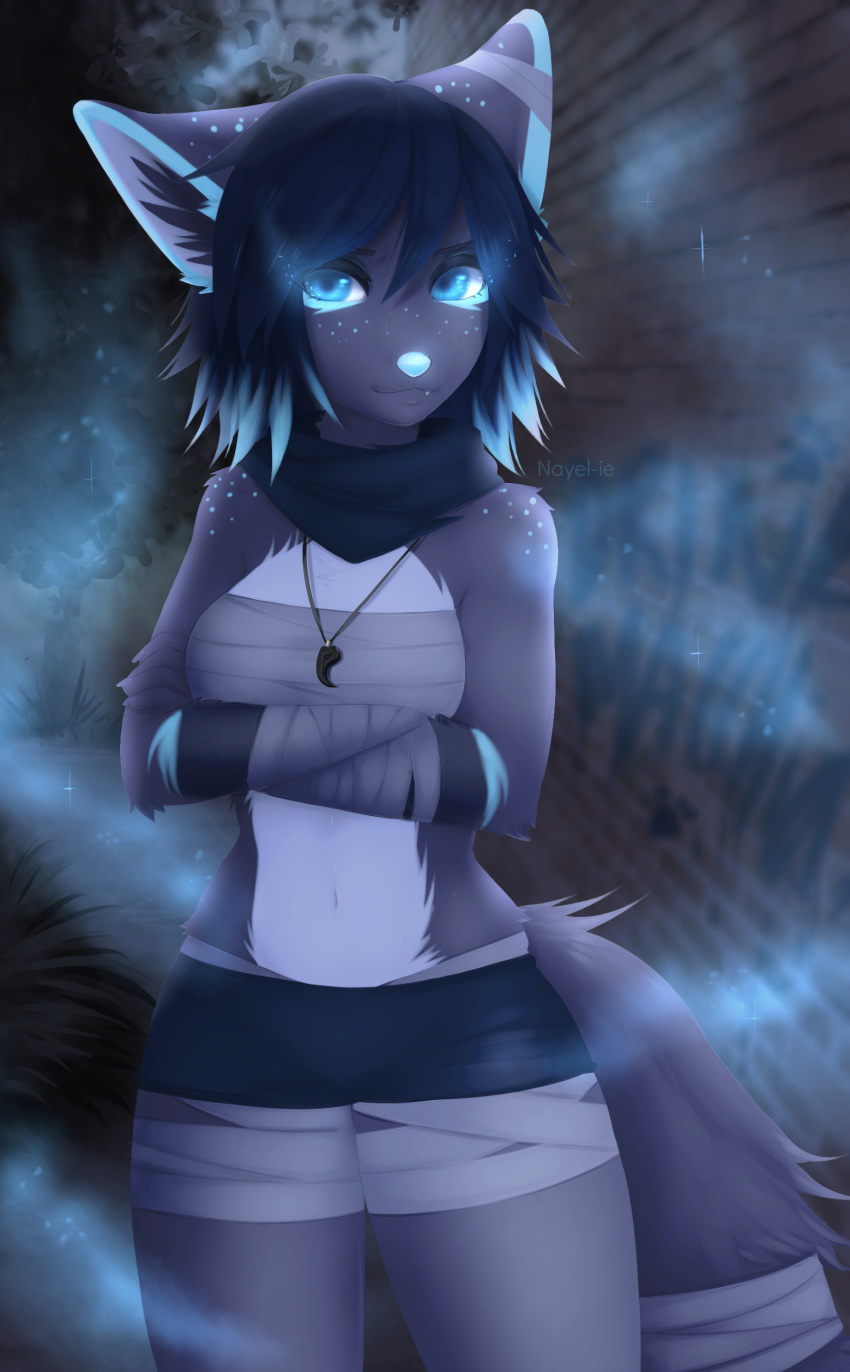 anthro blue_eyes blue_hair breasts canine clothed clothing female fur hair jewelry mammal midriff navel nayel-ie nayeliefox necklace smile solo standing