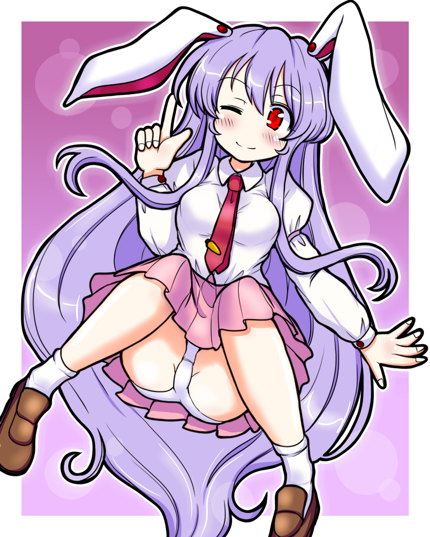 animal_ears blouse blush breasts bunny_ears eruru_(erl) highres long_hair medium_breasts necktie one_eye_closed panties pantyshot pleated_skirt purple_hair red_eyes reisen_udongein_inaba sketch skirt smile solo touhou underwear very_long_hair