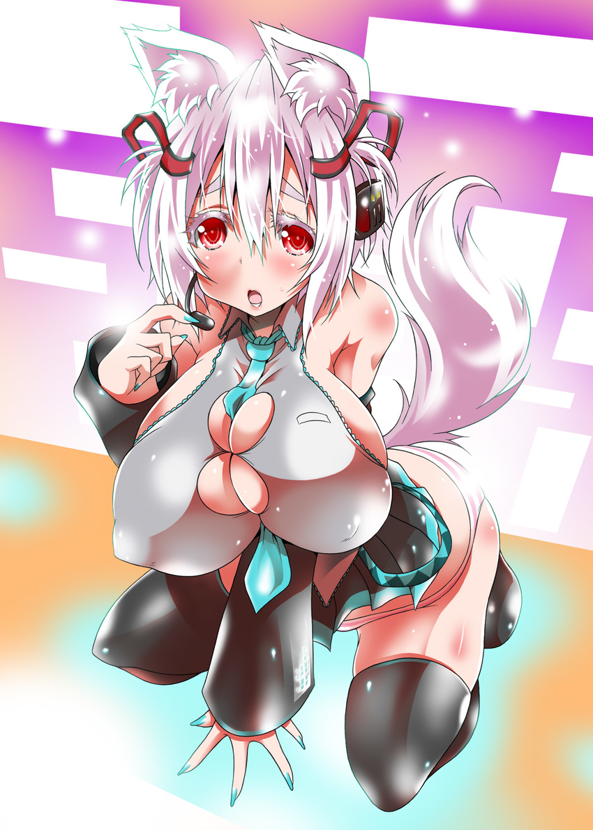 animal_ears bare_shoulders between_breasts black_thighhighs blush breasts bursting_breasts colored_eyelashes dog_ears dog_tail female fingernails gradient gradient_background hatsune_miku_(cosplay) headset highres huge_breasts inubashiri_momiji kneeling long_fingernails looking_at_viewer nail_polish necktie oobashin open_mouth panties red_eyes silver_hair skirt solo tail thighhighs underwear