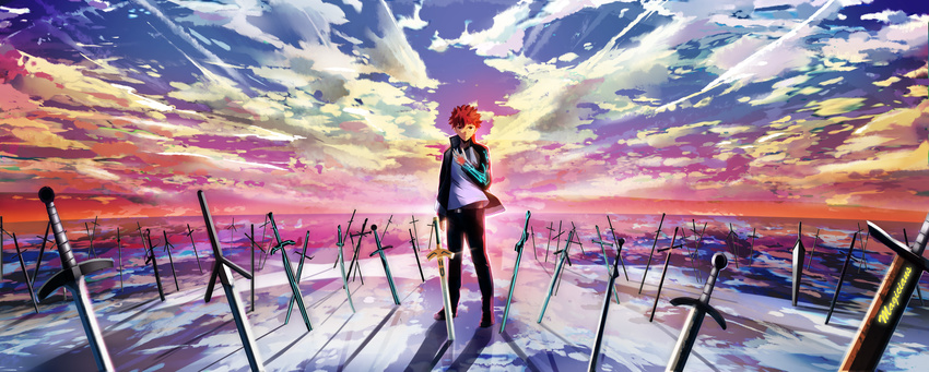 absurdres archer cloud emiya_shirou fate/stay_night fate_(series) field_of_blades highres horizon magicians_(zhkahogigzkh) male_focus planted_sword planted_weapon red_hair sky solo sword twilight unlimited_blade_works weapon wide_shot