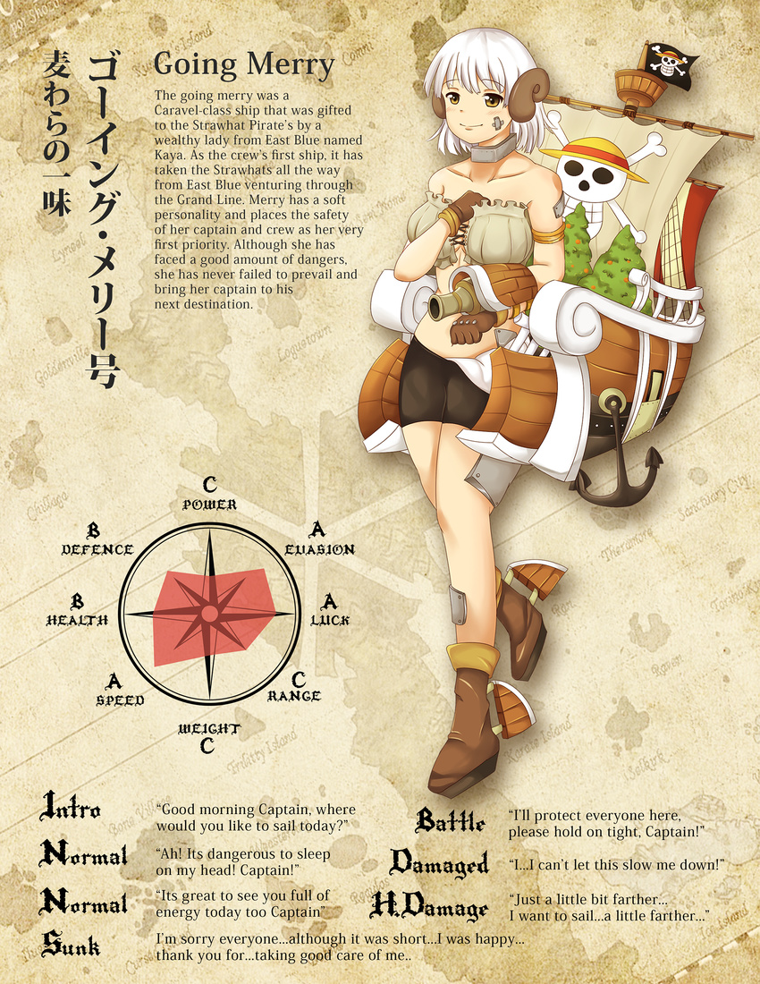 absurdres breasts brown_eyes character_profile cleavage going_merry highres horns kantai_collection large_breasts looking_at_viewer machinery one_piece original sheep_horns smile solo turret wangphing white_hair