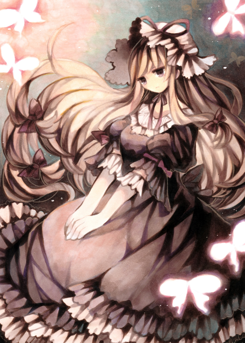 armband bad_id bad_pixiv_id bangs blonde_hair bow breasts bug butterfly choker dress expressionless frilled_dress frills hair_bow hat hat_ribbon highres insect light_particles long_hair looking_at_viewer medium_breasts mob_cap muted_color puffy_short_sleeves puffy_sleeves purple_dress purple_eyes ribbon ribbon_choker short_sleeves sitting solo touhou v_arms very_long_hair wiriam07 yakumo_yukari
