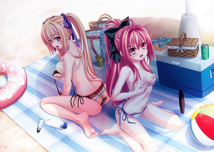 :3 absurdres ass ball barefoot basket beach beachball bikini blonde_hair blue_bikini_bottom blue_towel blush bow breast_hold breasts cooler corticarte_apa_lagranges covering covering_breasts feet full_body hair_bow hair_ribbon highres huge_filesize innertube kannatsuki_noboru kneeling legs long_hair looking_back medium_breasts multiple_girls navel ponytail purple_eyes red_eyes red_hair ribbon shinkyoku_soukai_polyphonica side-tie_bikini side-tie_bottom striped striped_bikini swimsuit topless towel twintails untied untied_bikini very_long_hair yugiri_perserte