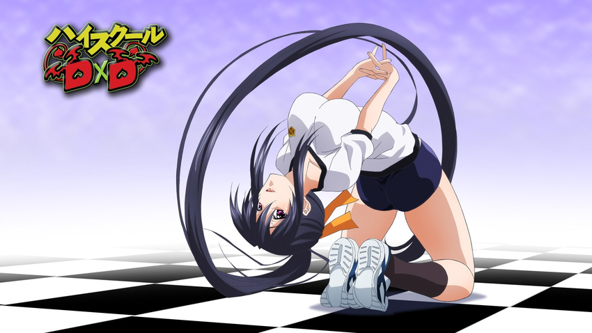 artist_request black_hair buruma checkered checkered_floor eyecatch gym_uniform hair_ribbon high_school_dxd highres himejima_akeno long_hair looking_at_viewer official_art open_mouth purple_eyes ribbon socks solo very_long_hair