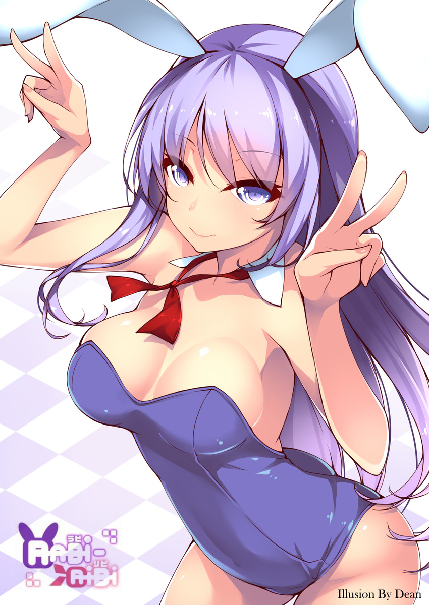 absurdres animal_ears artist_name bare_arms bare_shoulders blue_eyes breasts bunny_ears checkered checkered_floor cleavage corset dean detached_collar double_v erina_(rabi-ribi) highres large_breasts long_hair looking_at_viewer purple_hair rabi-ribi smile solo v