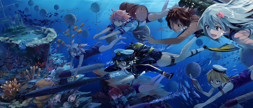 air_bubble barefoot blonde_hair book breath brown_hair bubble coral_reef diving_mask diving_mask_on_eyes diving_regulator explosive female_admiral_(kantai_collection) fish flippers freediving glasses highres holding_breath i-168_(kantai_collection) i-19_(kantai_collection) i-401_(kantai_collection) i-58_(kantai_collection) i-8_(kantai_collection) kantai_collection mine_(weapon) multiple_girls naval_mine neko_(yanshoujie) orel_cruise reading ro-500_(kantai_collection) school_swimsuit school_uniform scuba scuba_gear scuba_tank serafuku shipwreck silver_hair submarine swimming swimsuit torpedo underwater watercraft wetsuit