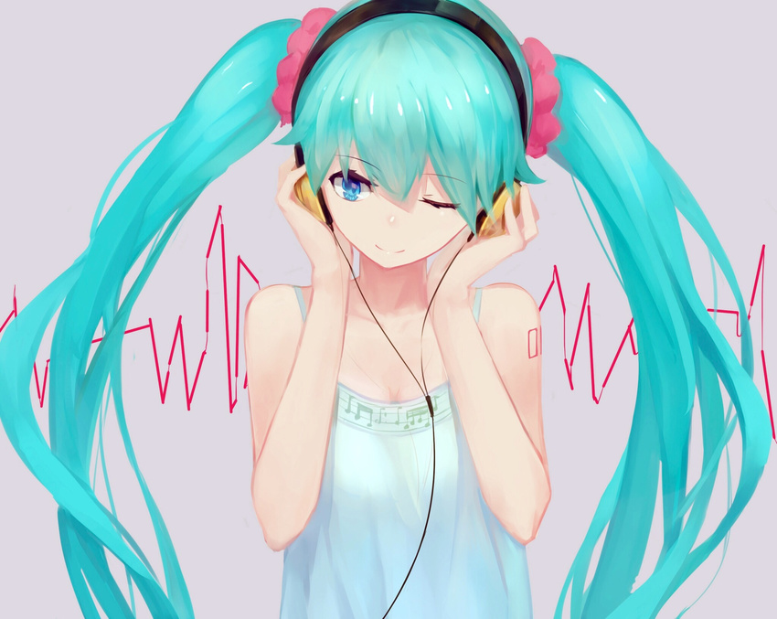 aqua_hair beamed_sixteenth_notes blue_eyes camisole eighth_note hands_on_headphones hatsune_miku headphones highres kisei2 long_hair musical_note one_eye_closed smile solo tattoo twintails very_long_hair vocaloid