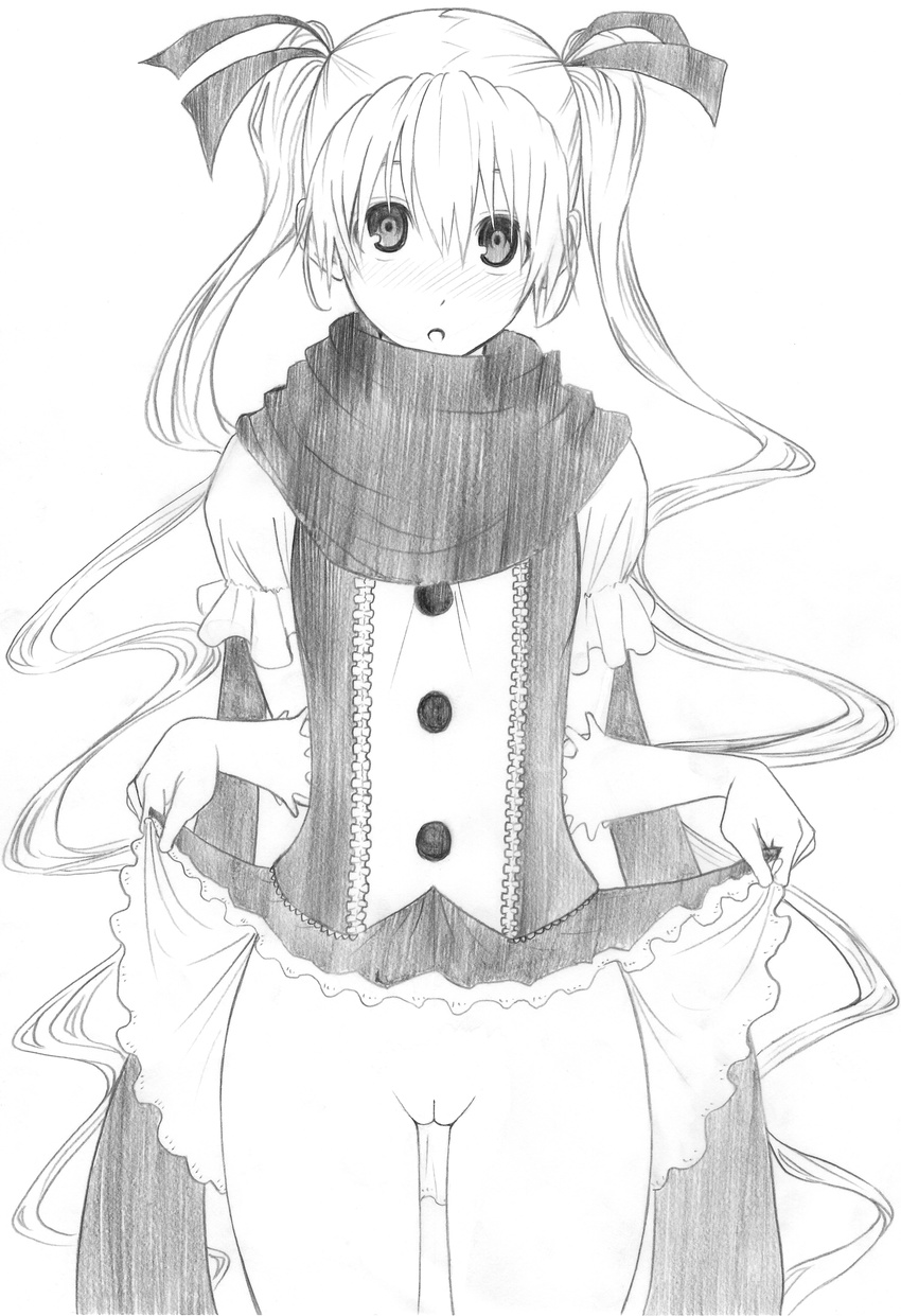 1girl :o blush character_request copyright_request doki_(pixiv) female gamma gamma_(ogino_jun) gloves hair_ornament hair_ribbon long_hair mahou_shoujo_mika monochrome no_panties open_mouth pussy ribbon scarf simple_background skirt skirt_lift solo twintails uncensored
