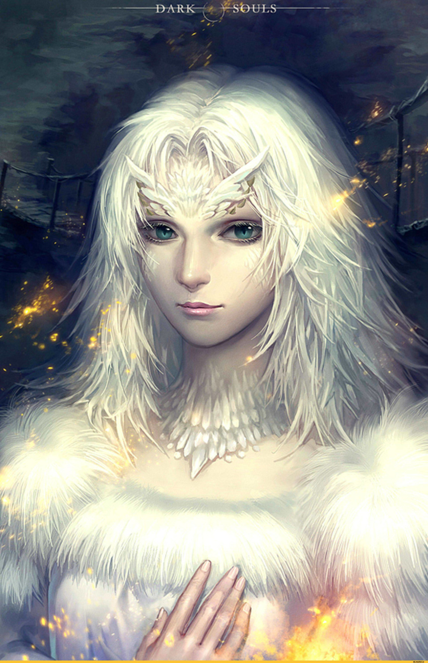 absurdres aqua_eyes bridge dark_souls fur green_eyes highres long_hair non-web_source priscilla_the_crossbreed scales slit_pupils solo souls_(from_software) upper_body white_hair yufy