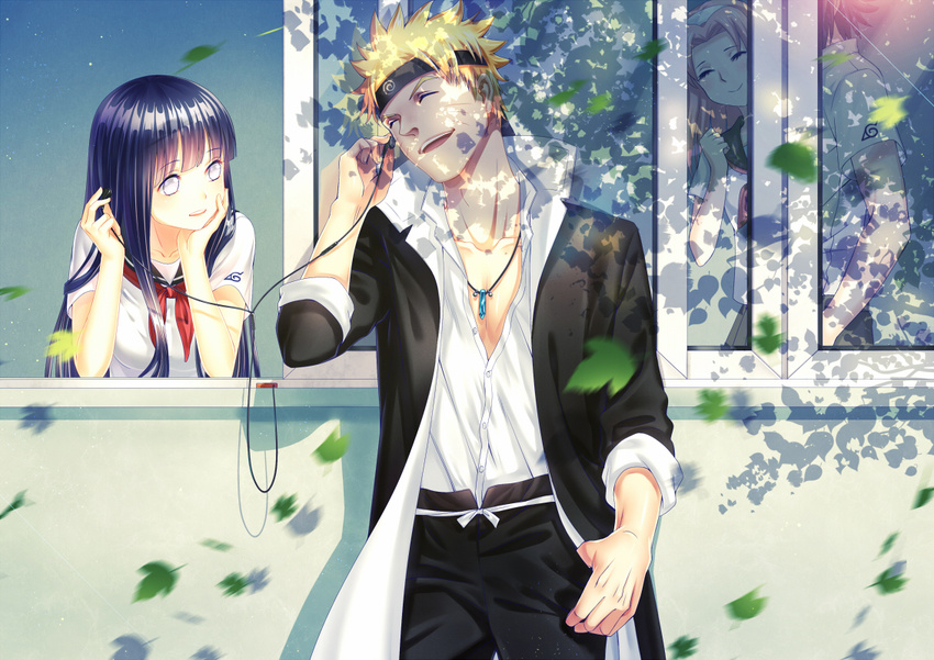 2girls ^_^ arm_at_side arm_rest banchou bangs bare_arms black_coat black_pants blonde_hair blunt_bangs breasts cable clenched_hand closed_eyes closed_mouth coat collared_shirt contemporary couple dappled_sunlight day digital_media_player dress_shirt earphones from_outside glass hand_on_own_cheek hand_up haneru happy haruno_sakura head_rest headband hetero hyuuga_hinata jewelry konohagakure_symbol lavender_eyes light_particles listening_to_music long_hair long_sleeves looking_at_another medium_breasts motion_blur multiple_boys multiple_girls naruto naruto_(series) neckerchief necklace pants parted_lips partially_unbuttoned popped_collar purple_hair red_neckwear school_uniform serafuku shadow shared_earphones shirt short_hair short_sleeves silver_eyes sleeves_rolled_up smile spiked_hair standing straight_hair sunlight thumb_in_pocket uchiha_sasuke uzumaki_naruto wall whisker_markings white_shirt window